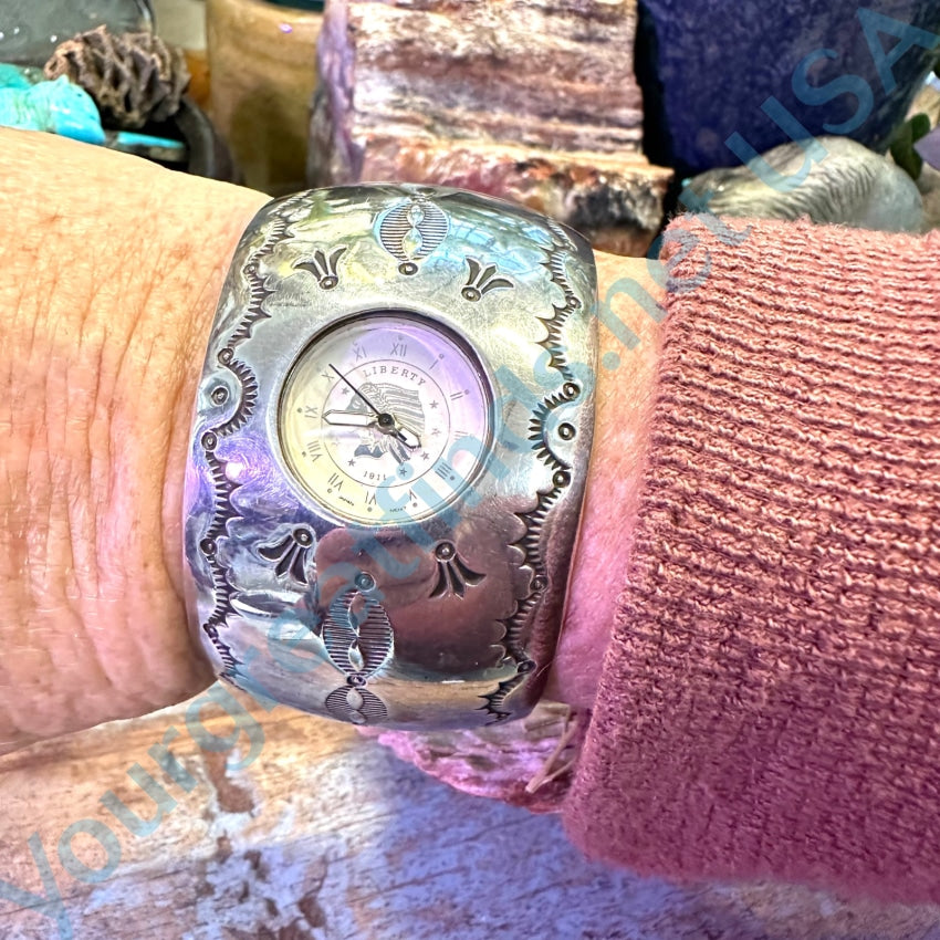 Sterling Silver Stamped Navajo Cuff Watch Working Les Baker