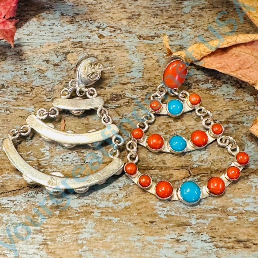 Sterling Silver Tiered Pierced Earrings Turquoise Coral Jay Kin Mine Finds