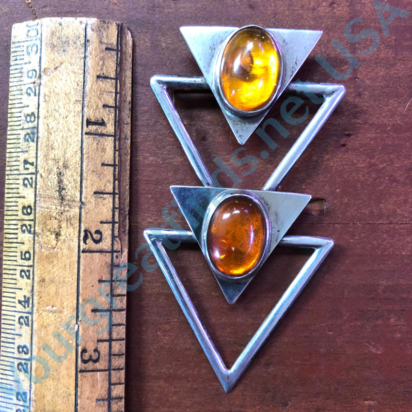 Sterling Silver Triangle Pendant Pin With Golden Amber Pendant Brooch