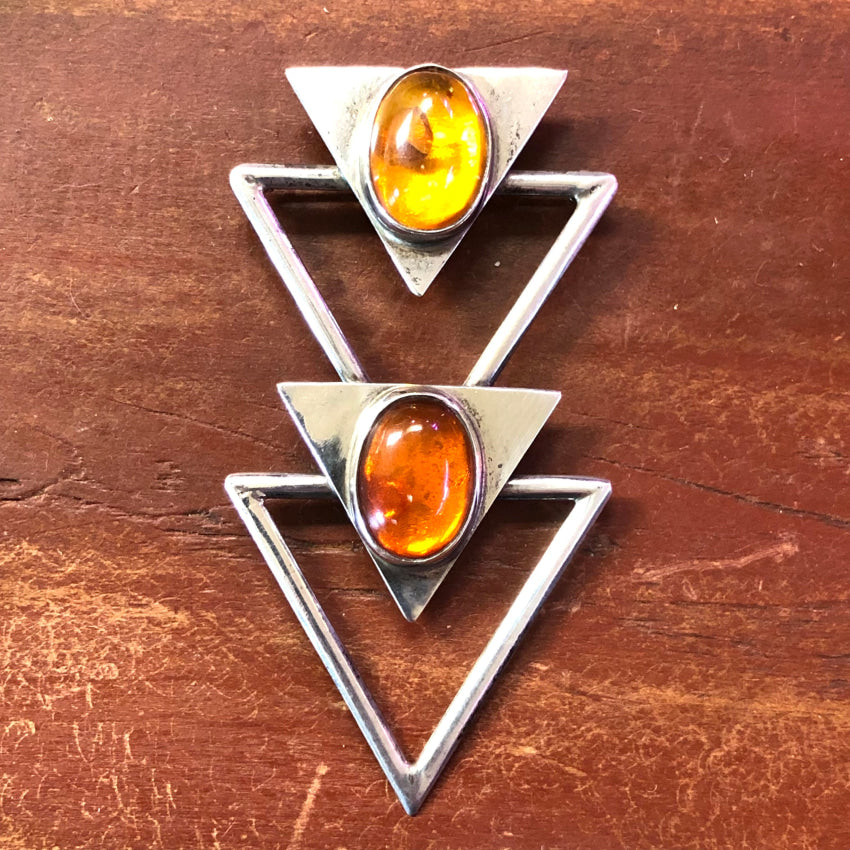 Sterling Silver Triangle Pendant Pin With Golden Amber Pendant Brooch