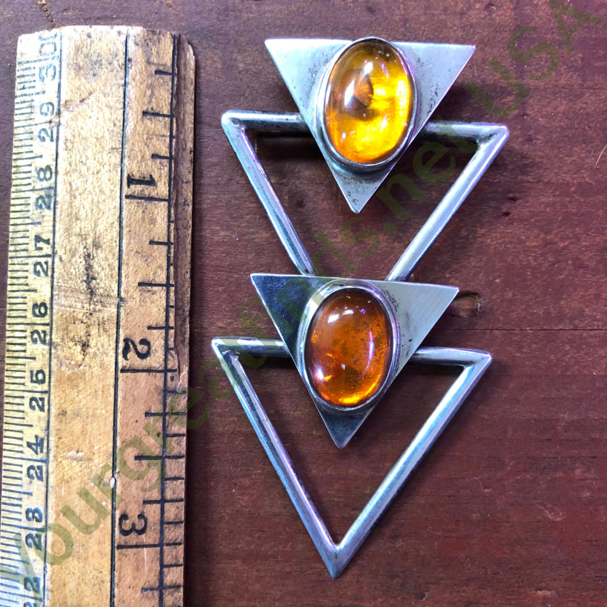 Sterling Silver Triangle Pendant Pin With Golden Amber Pendant Brooch