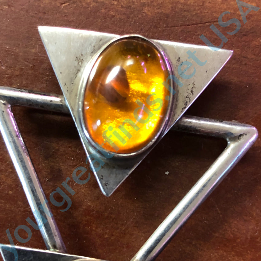 Sterling Silver Triangle Pendant Pin With Golden Amber Pendant Brooch