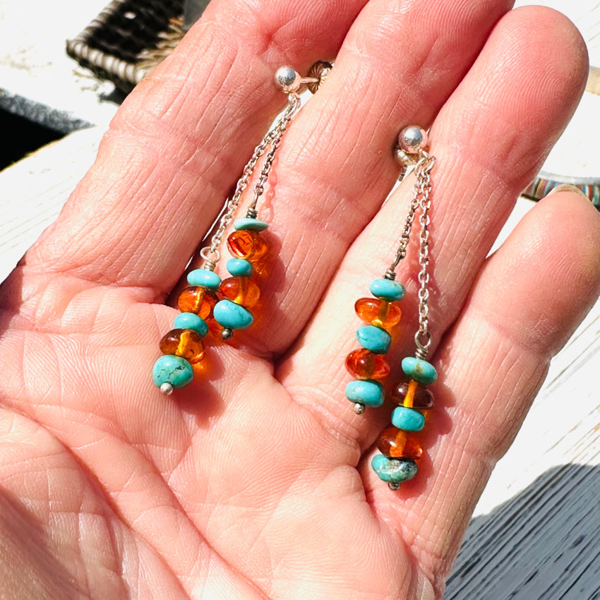 Sterling Silver Turquoise & Amber Pierced Post Earrings