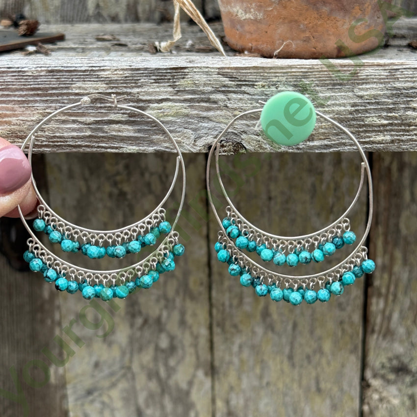 Sterling SIlver & Turquoise Bead Large Pierced Hoop Earrings earrings
