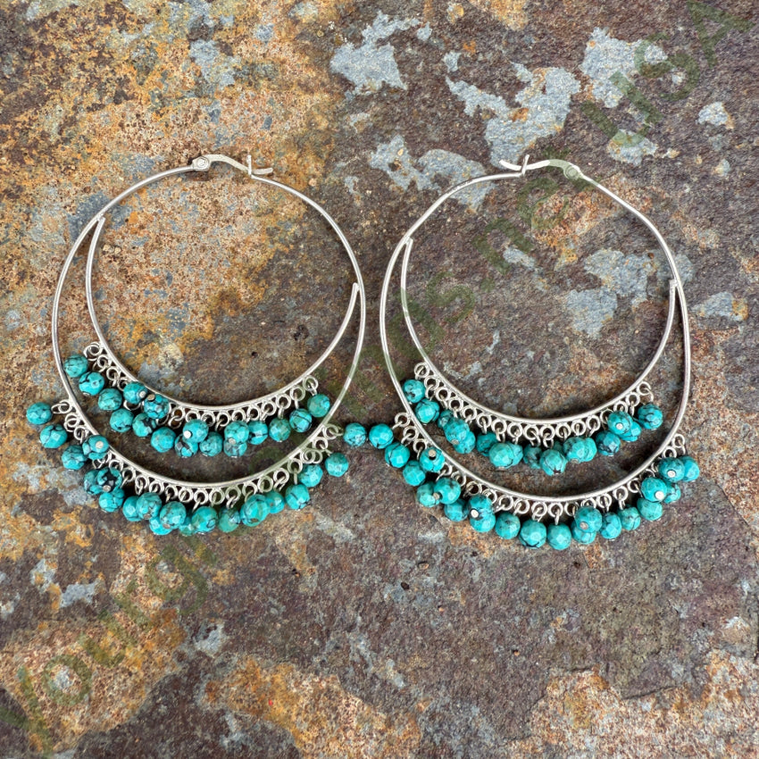 Sterling SIlver & Turquoise Bead Large Pierced Hoop Earrings earrings