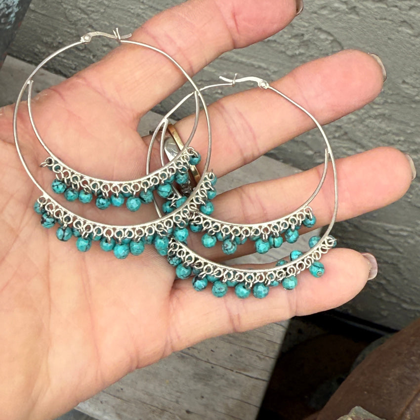 Sterling SIlver & Turquoise Bead Large Pierced Hoop Earrings earrings