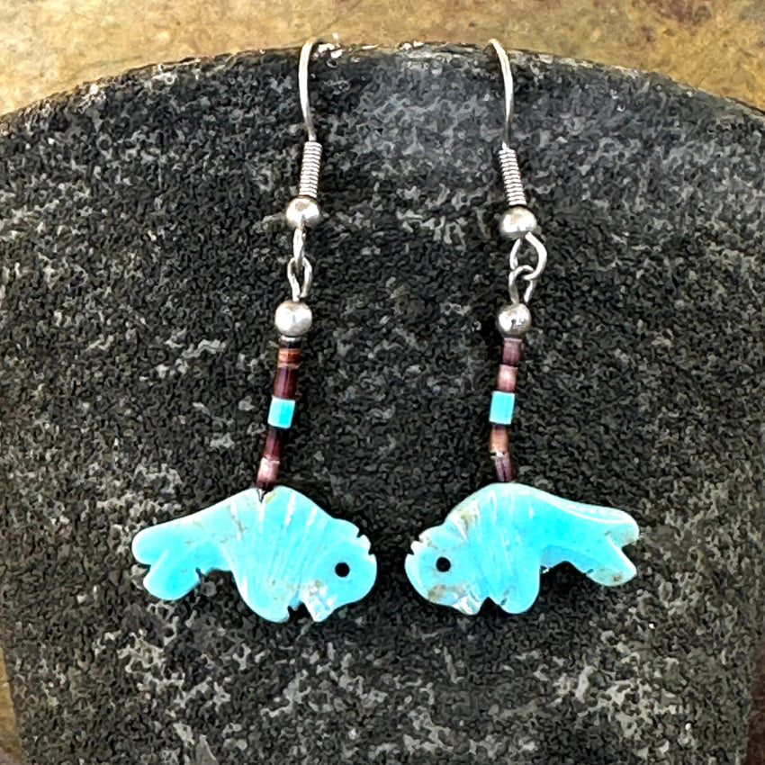 Sterling Silver & Turquoise Bison Fetish Pierced Earrings Earrings