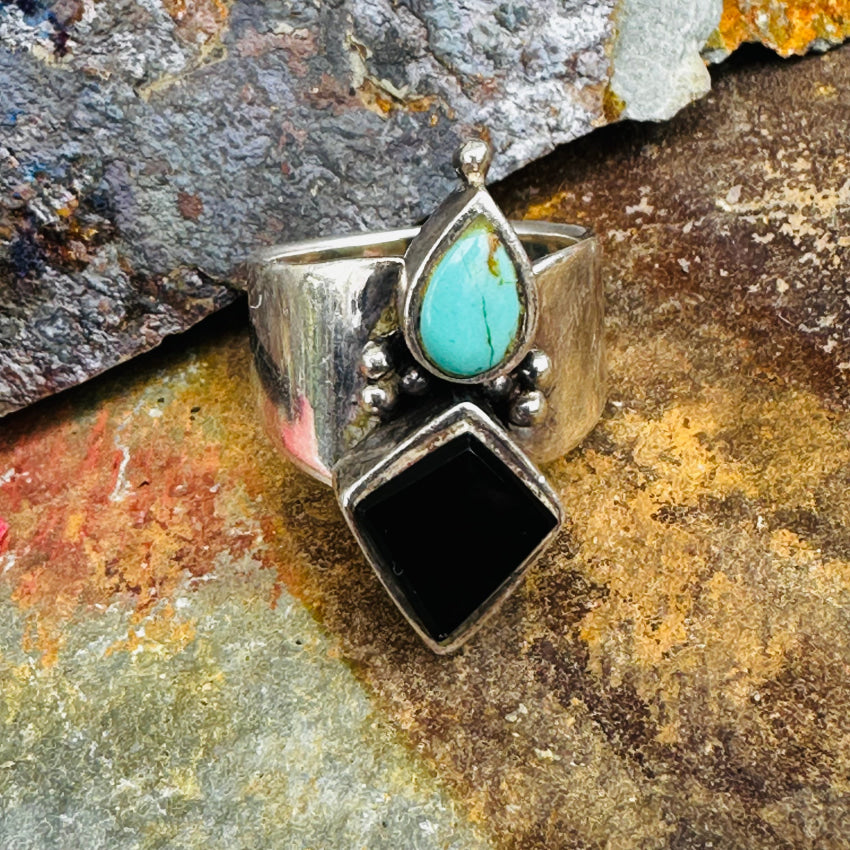 Sterling Silver Turquoise Black Onyx Ring Adjustable Ring