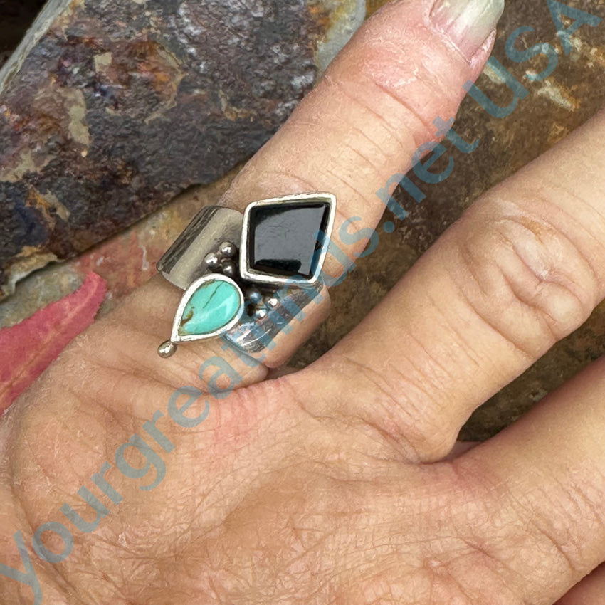 Sterling Silver Turquoise Black Onyx Ring Adjustable Ring