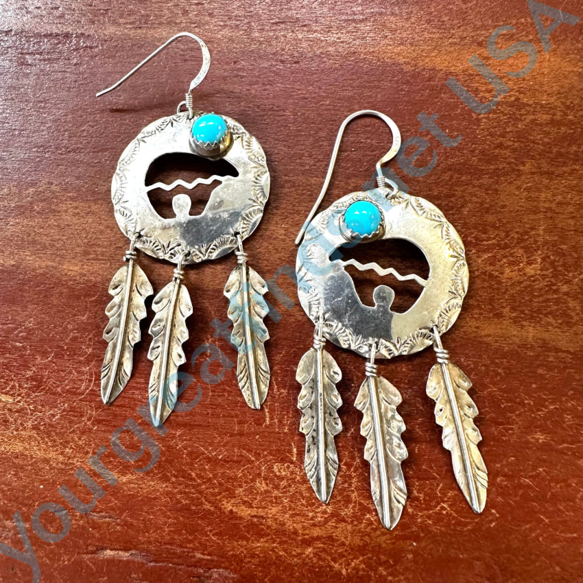 Sterling Silver Turquoise Concho Feather Pierced Earrings