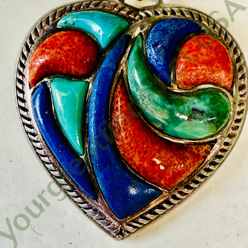 Sterling Silver Turquoise Coral Lapis Inlay Heart Pendant pendant