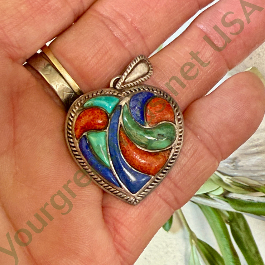 Sterling Silver Turquoise Coral Lapis Inlay Heart Pendant pendant