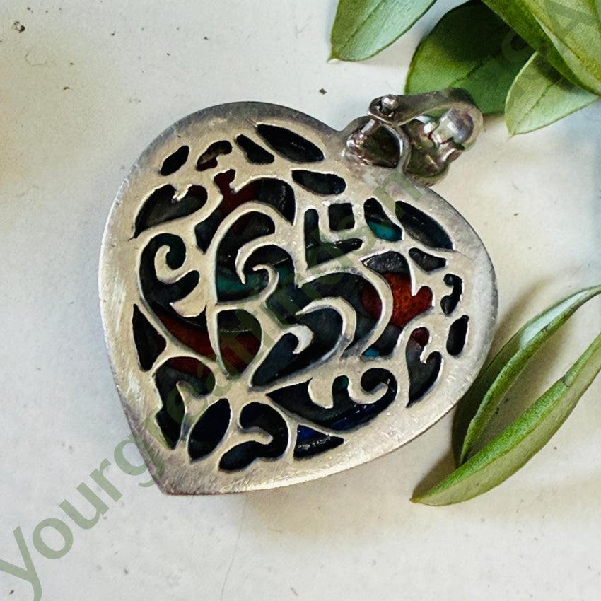 Sterling Silver Turquoise Coral Lapis Inlay Heart Pendant pendant