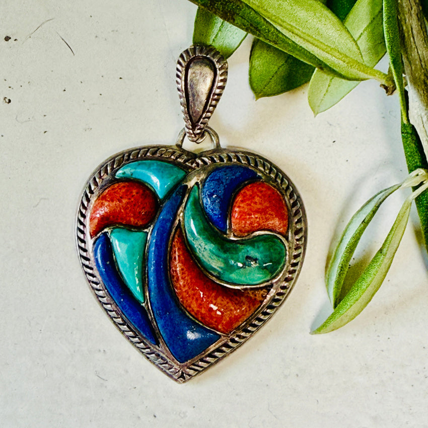 Sterling Silver Turquoise Coral Lapis Inlay Heart Pendant pendant