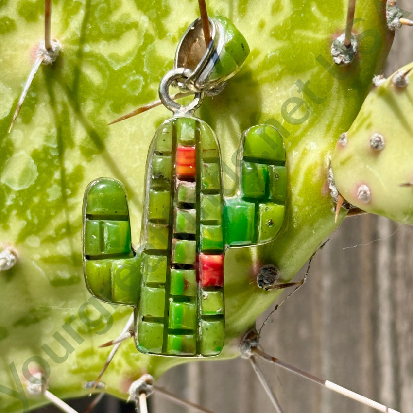 Sterling Silver Turquoise Coral Saguaro Cactus Pendant pendant