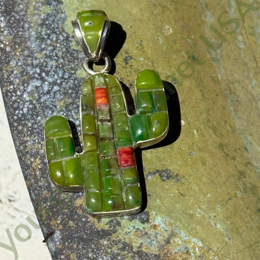 Sterling Silver Turquoise Coral Saguaro Cactus Pendant pendant