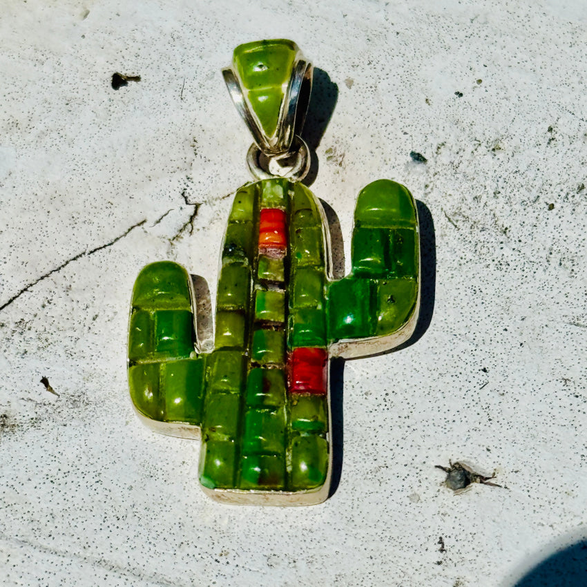 Sterling Silver Turquoise Coral Saguaro Cactus Pendant pendant