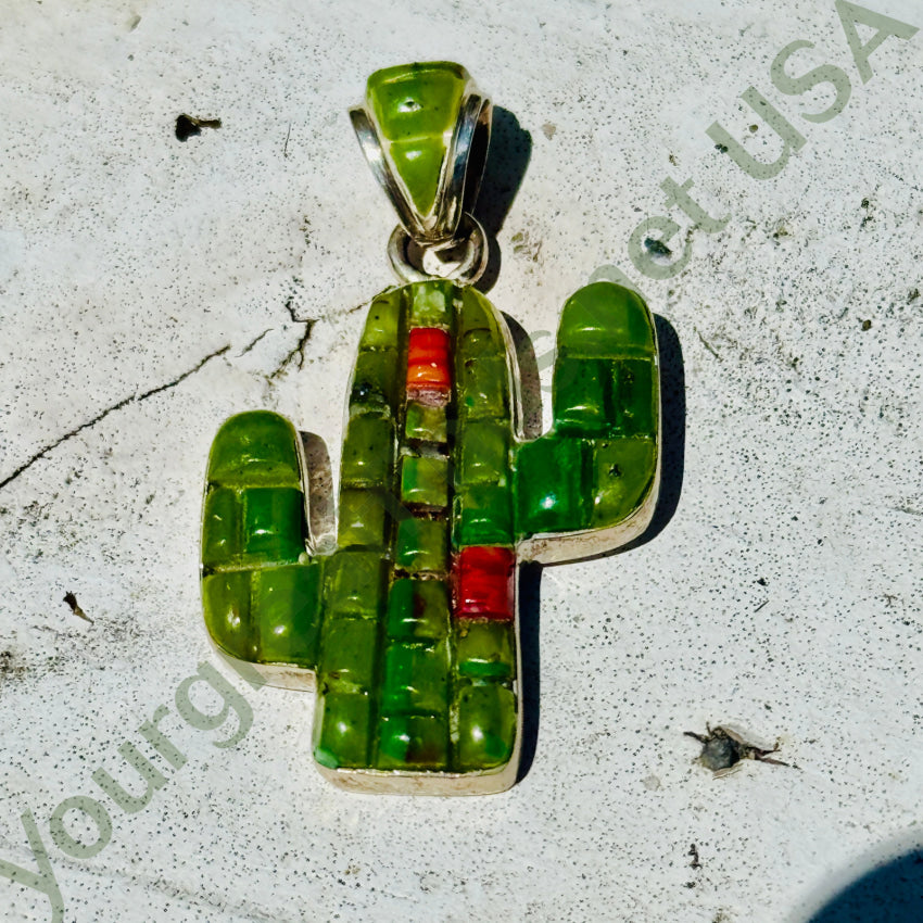 Sterling Silver Turquoise Coral Saguaro Cactus Pendant pendant