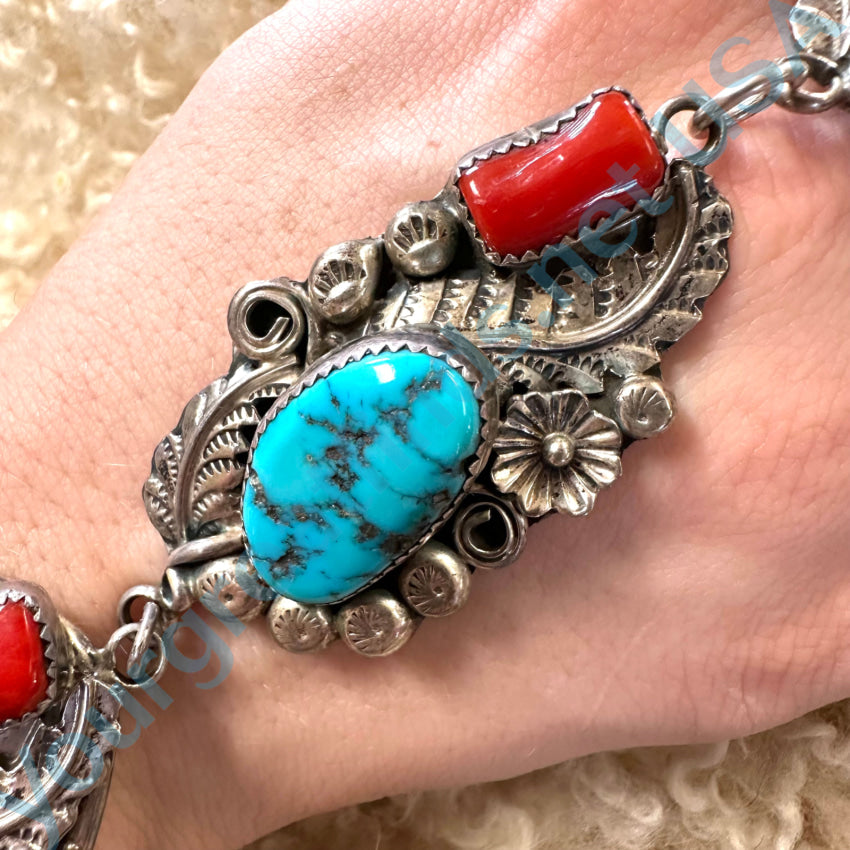 Sterling Silver Turquoise Coral Slave Bracelet Harry B Yazzie Navajo Slave Bracelet