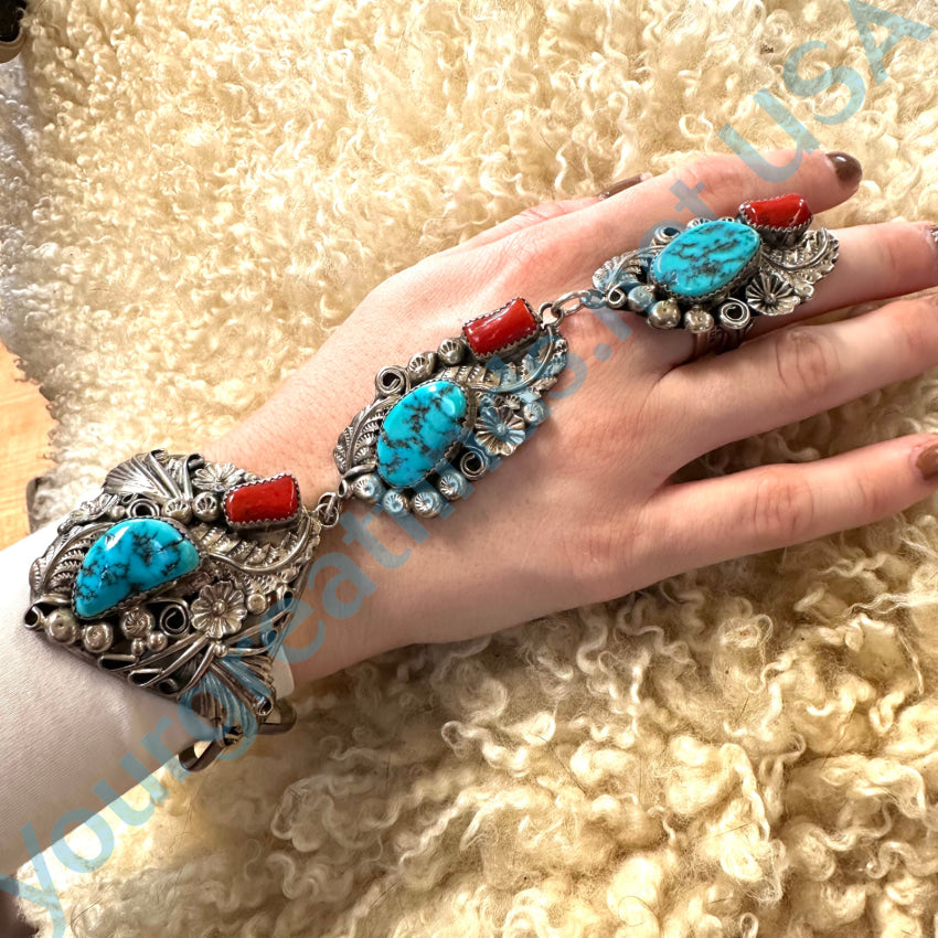 Sterling Silver Turquoise Coral Slave Bracelet Harry B Yazzie Navajo Slave Bracelet