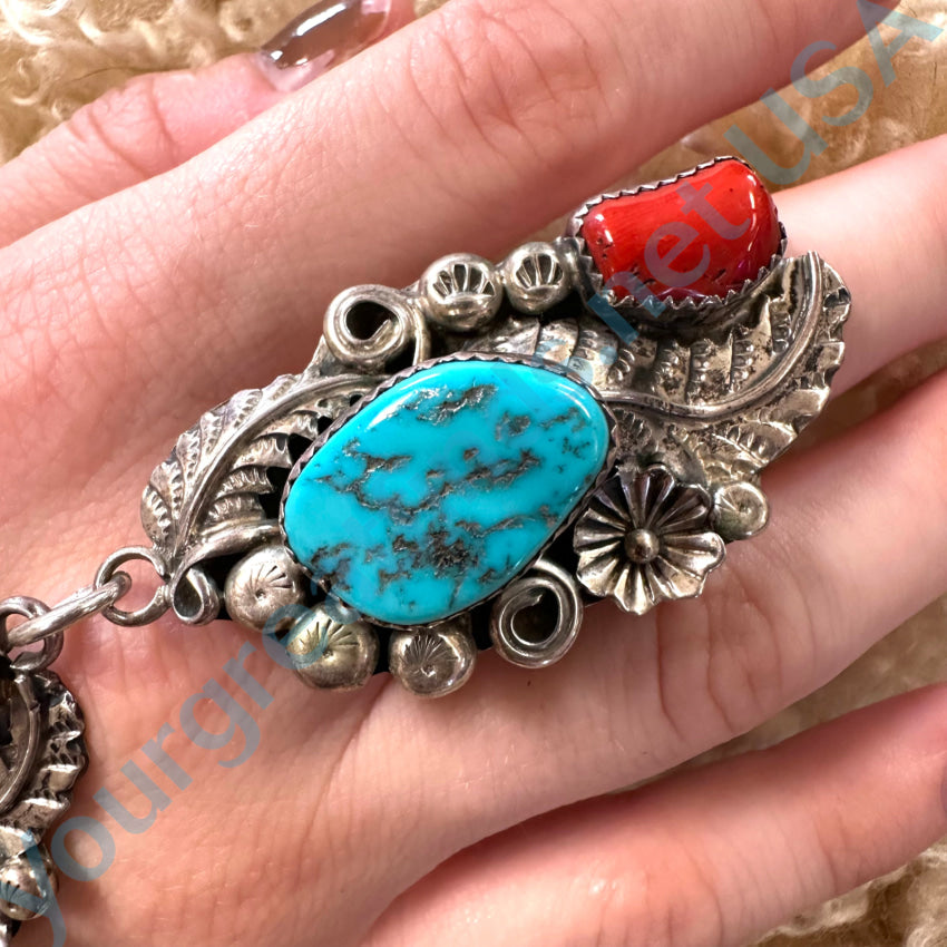 Sterling Silver Turquoise Coral Slave Bracelet Harry B Yazzie Navajo Slave Bracelet