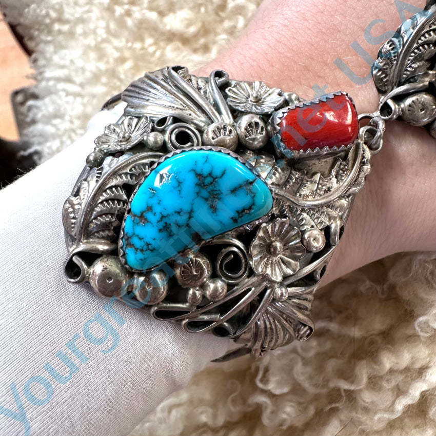 Sterling Silver Turquoise Coral Slave Bracelet Harry B Yazzie Navajo Slave Bracelet