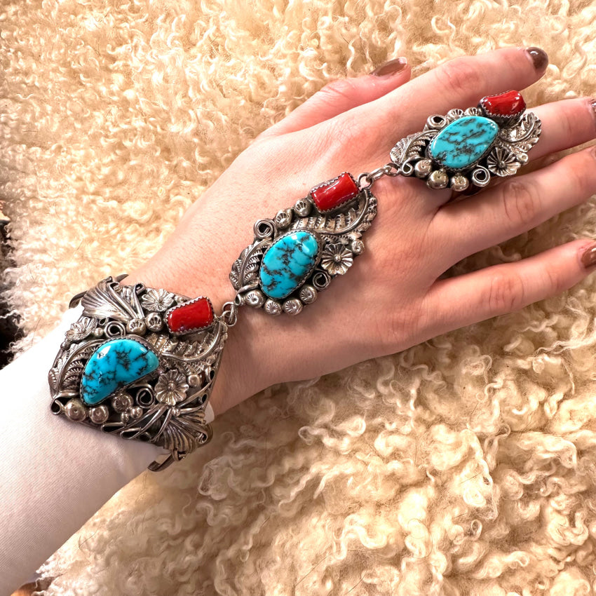 Sterling Silver Turquoise Coral Slave Bracelet Harry B Yazzie Navajo Slave Bracelet