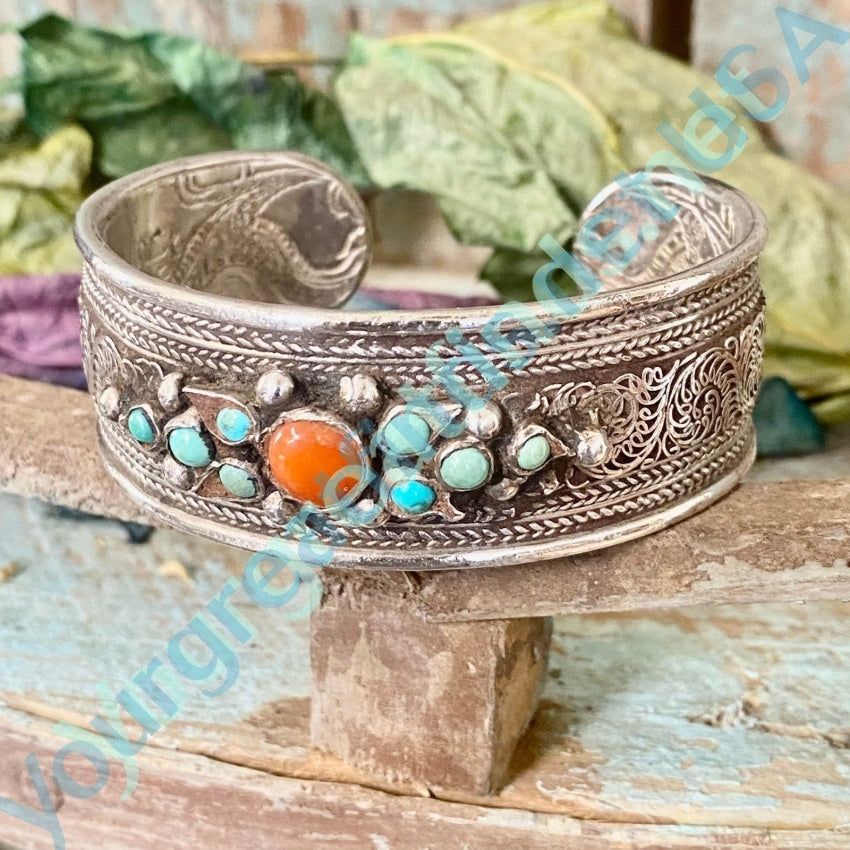 Sterling Silver Turquoise Coral Tibetan Bracelet Interior Engraved Dragon Yourgreatfinds