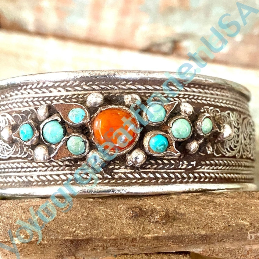 Sterling Silver Turquoise Coral Tibetan Bracelet Interior Engraved Dragon Yourgreatfinds