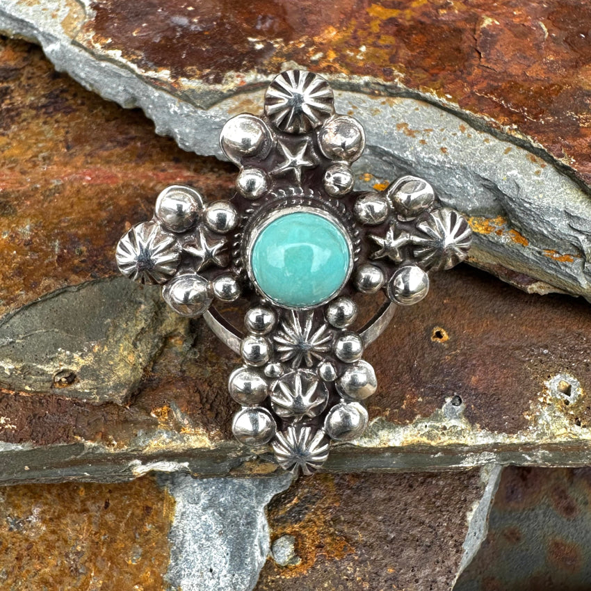 Sterling Silver &amp; Turquoise Cross Ring Navajo Geneva Apachito Size 8
