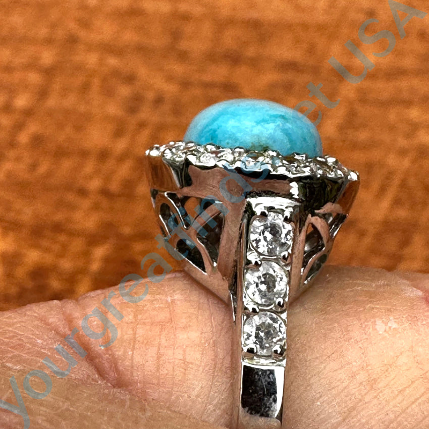 Sterling Silver Turquoise & Cubic Zirconia Halo Ring Size 8 Jewelry