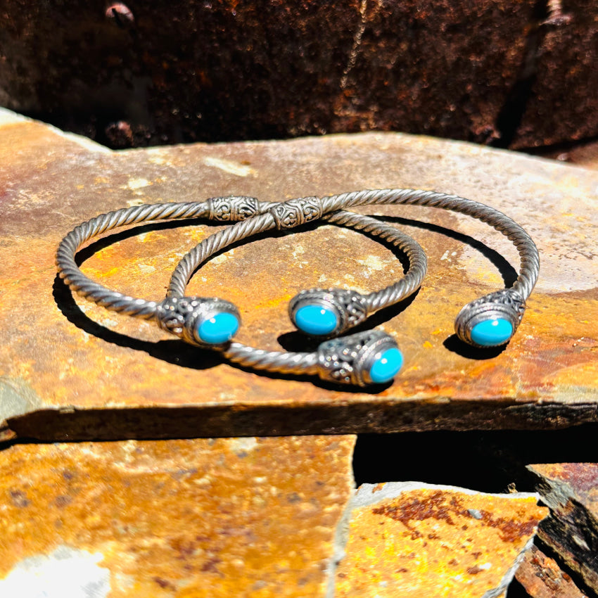 Sterling Silver & Turquoise Hinged Cable Cuff Bracelet Bracelet