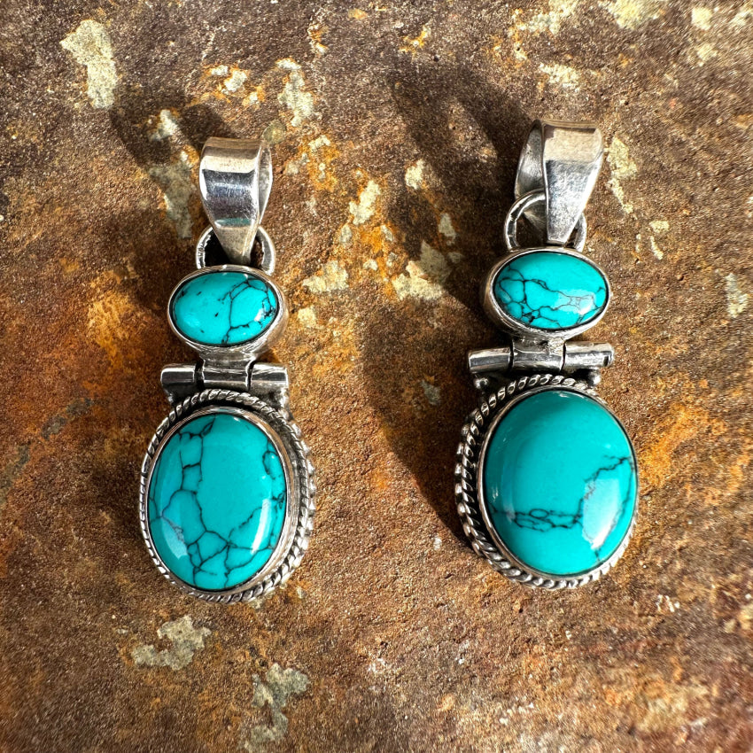 Sterling Silver & Turquoise Hinged Double Stone Pendant Pendant