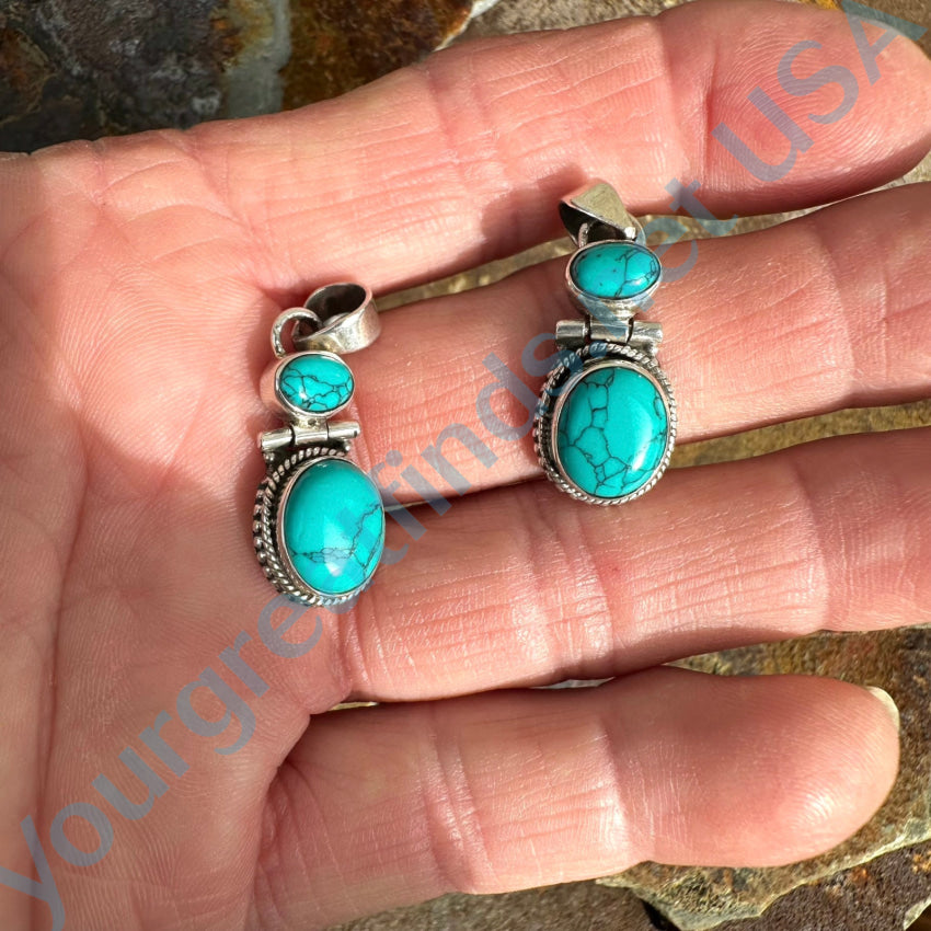 Sterling Silver & Turquoise Hinged Double Stone Pendant Pendant