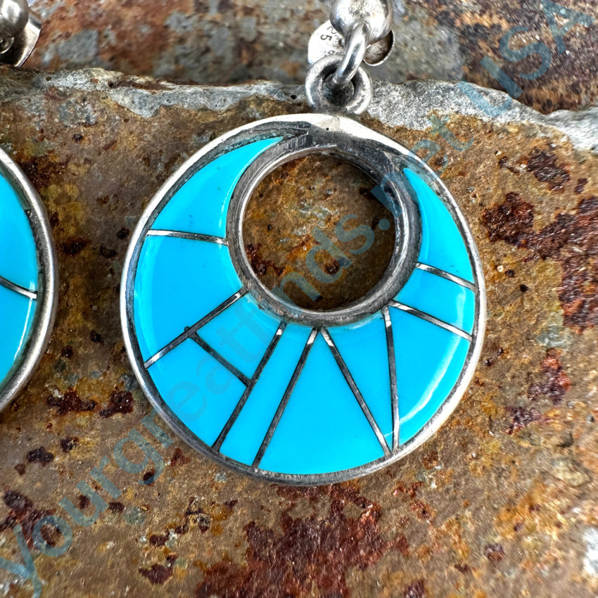 Sterling Silver Turquoise Inlay Pierced Hoop Earrings Earrings