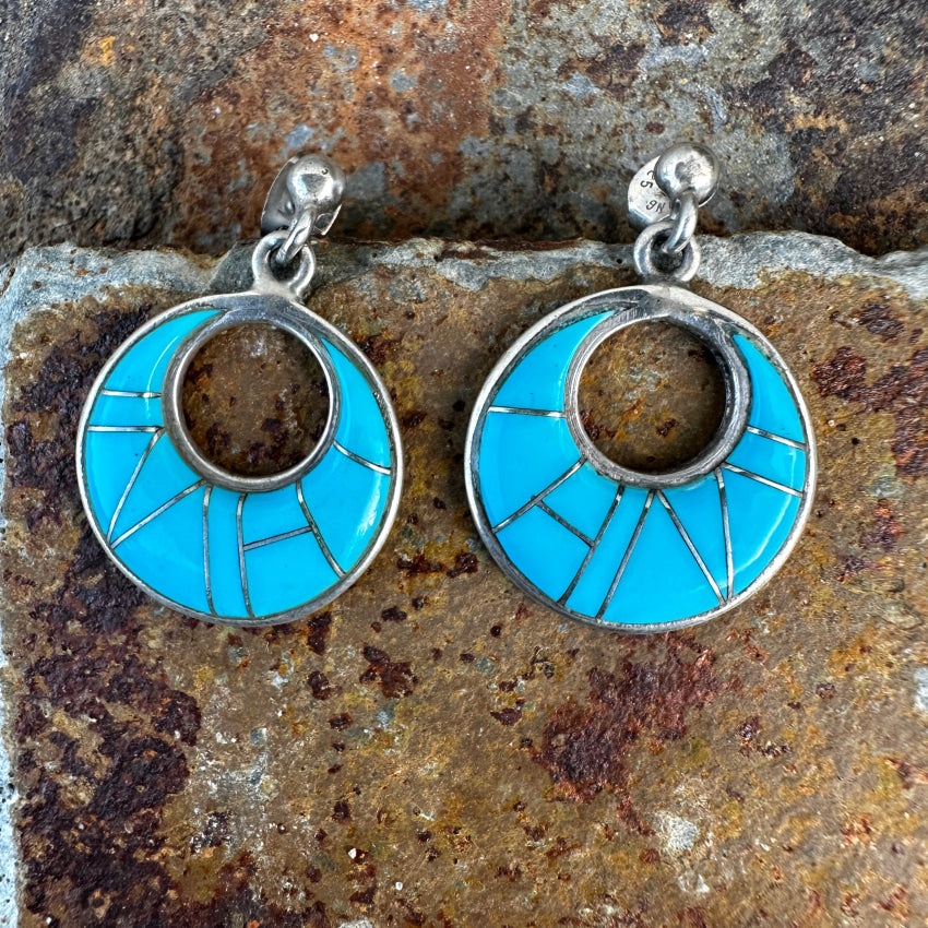 Sterling Silver Turquoise Inlay Pierced Hoop Earrings Earrings