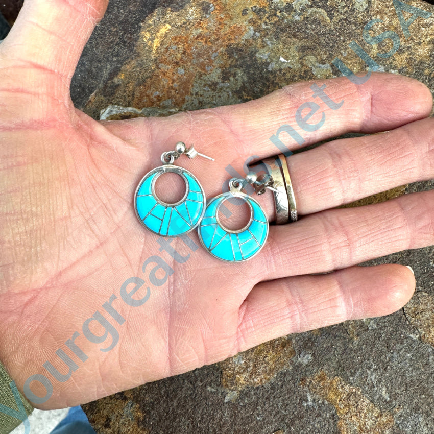 Sterling Silver Turquoise Inlay Pierced Hoop Earrings Earrings