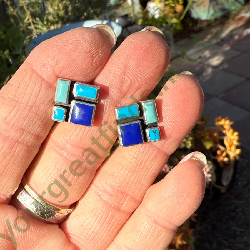 Sterling Silver Turquoise Lapis Mosaic Pierced Post Earrings earrings