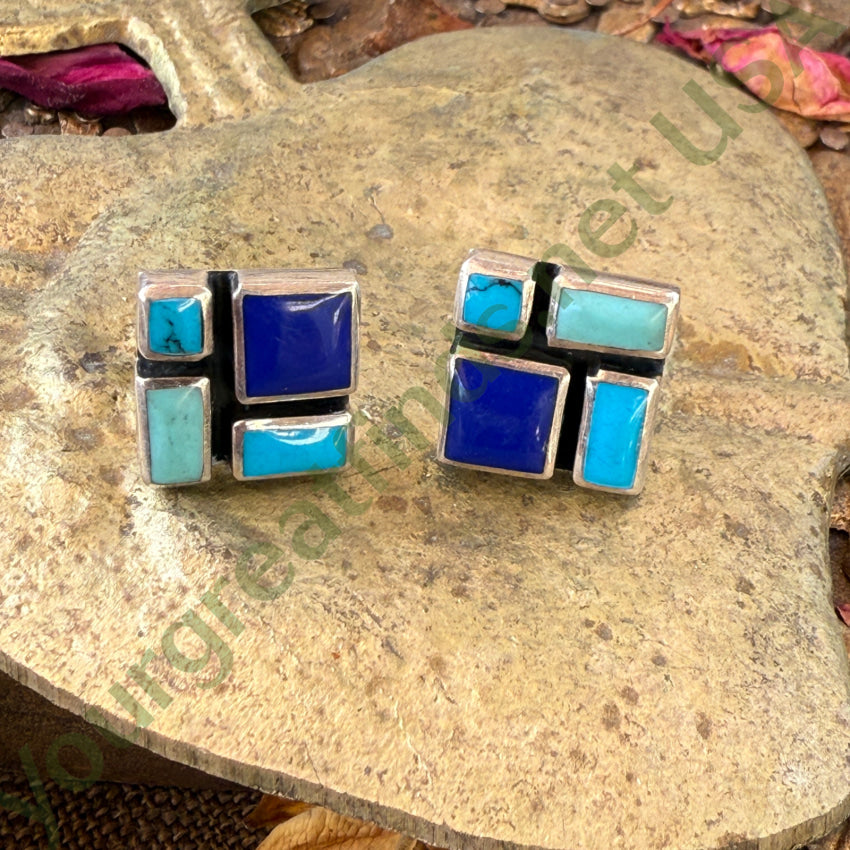 Sterling Silver Turquoise Lapis Mosaic Pierced Post Earrings earrings