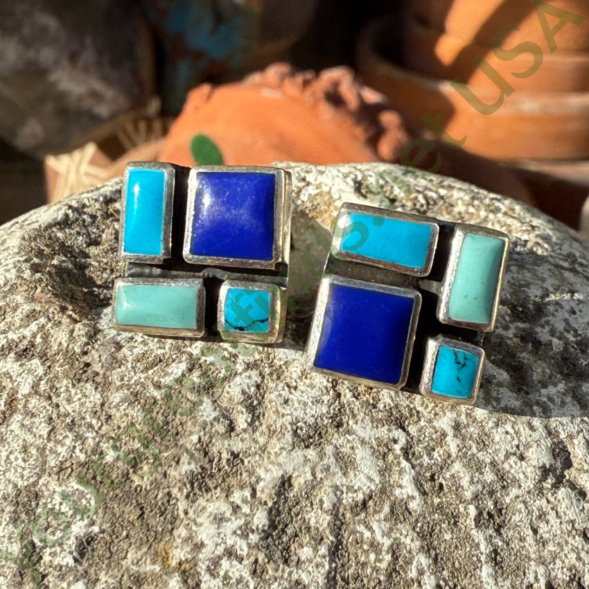 Sterling Silver Turquoise Lapis Mosaic Pierced Post Earrings earrings
