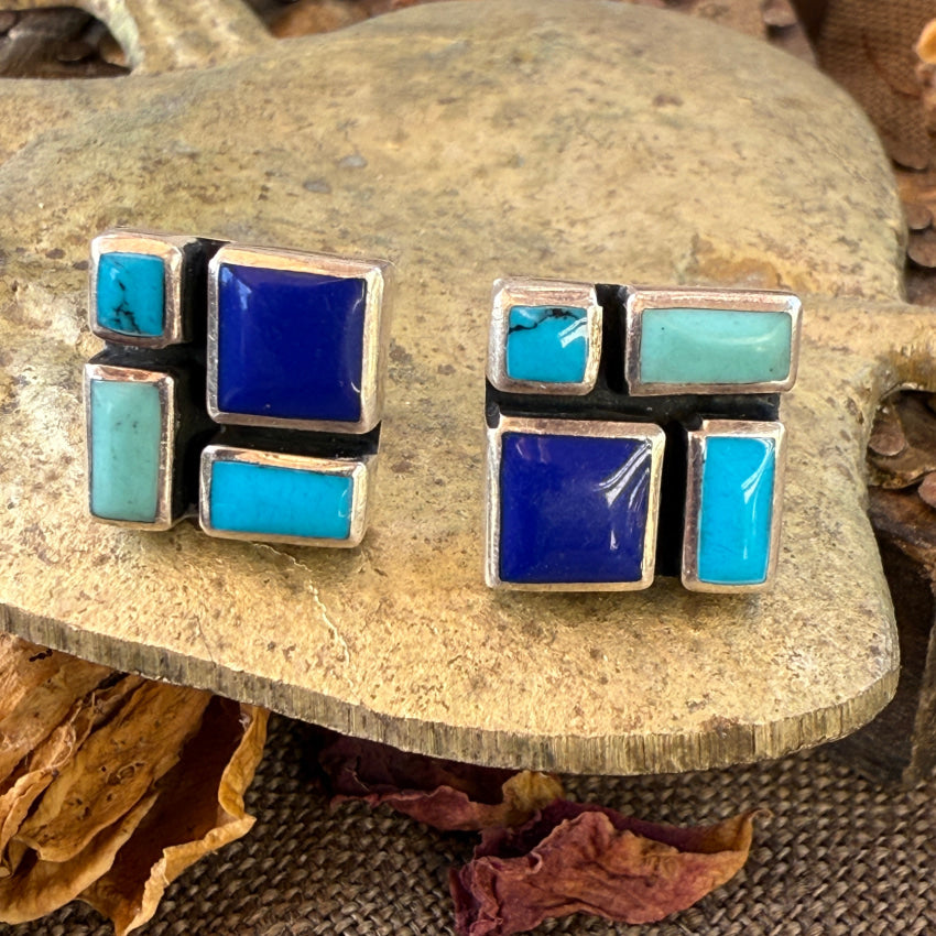 Sterling Silver Turquoise Lapis Mosaic Pierced Post Earrings earrings