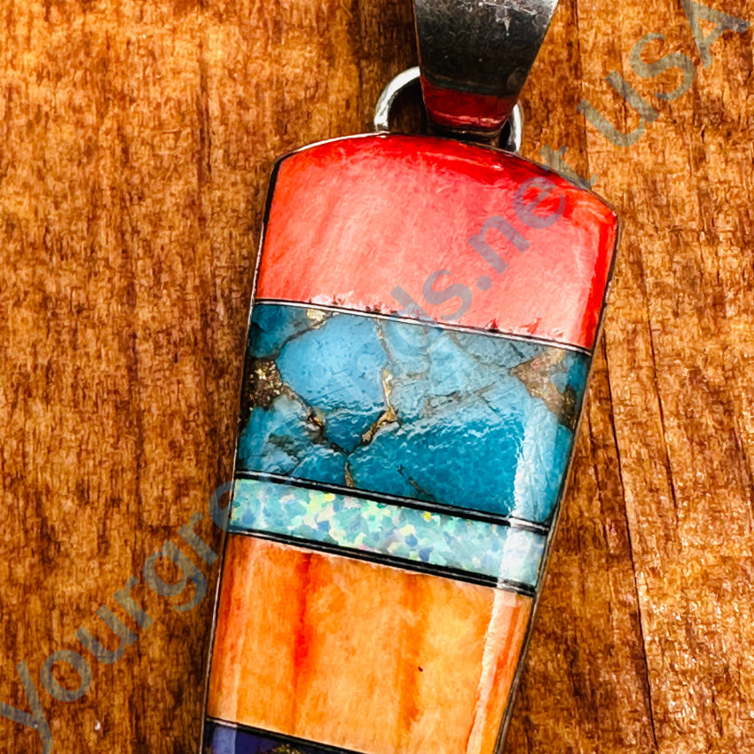 Sterling Silver Turquoise & Opal Channel Inlay Pendant Jewelry