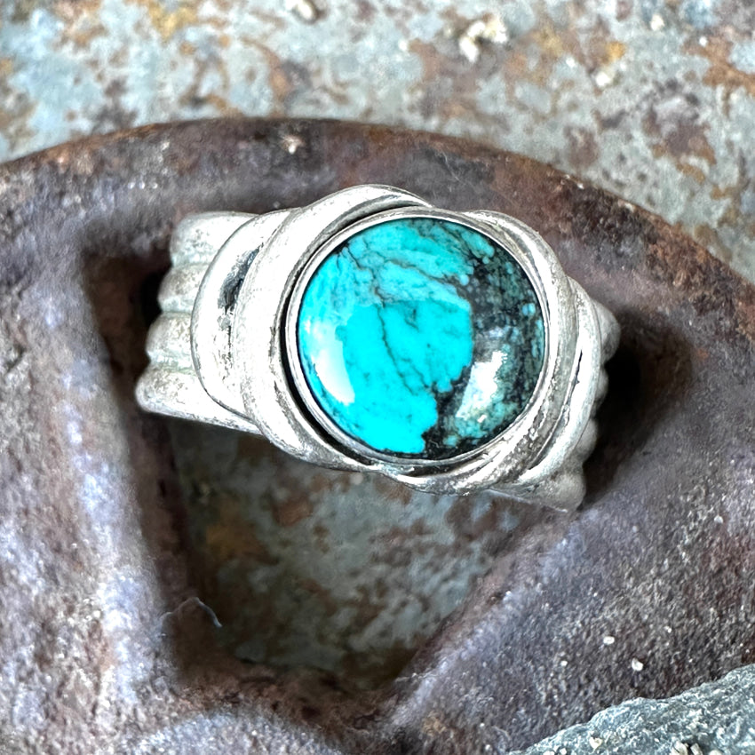 Sterling Silver & Turquoise Ribbed Band Ring Size 7 Ring