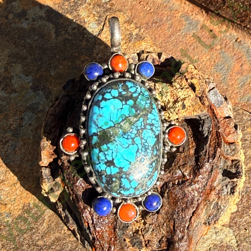 Sterling Silver & Vibrant SPider Web Turquoise Coral Lapis Pendant pendant