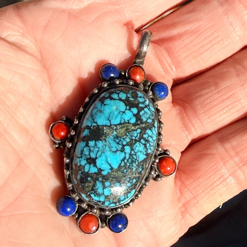 Sterling Silver & Vibrant SPider Web Turquoise Coral Lapis Pendant pendant
