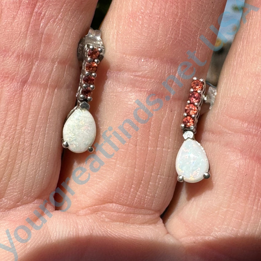 Sterling Silver White Opal Orange Garnet Pierced Post Earrings