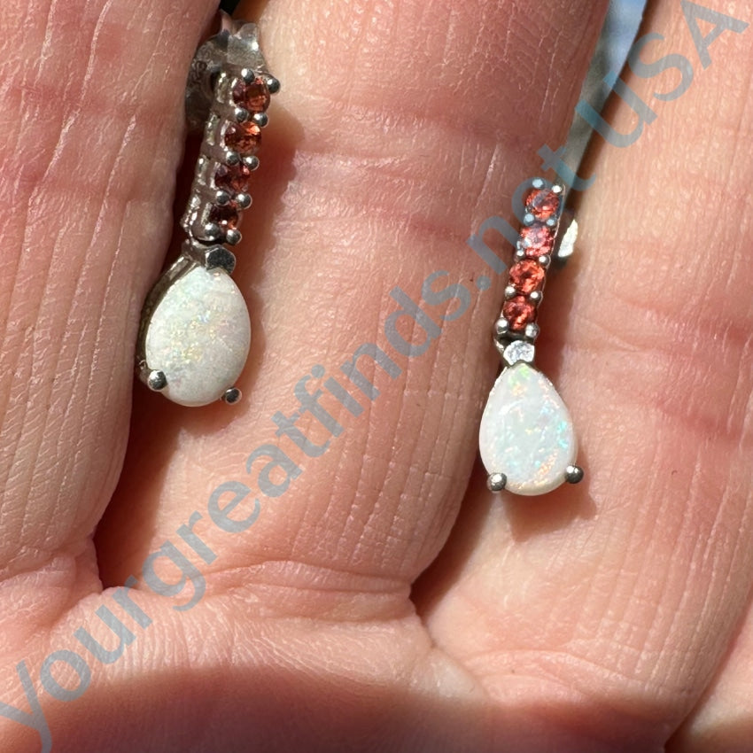 Sterling Silver White Opal Orange Garnet Pierced Post Earrings
