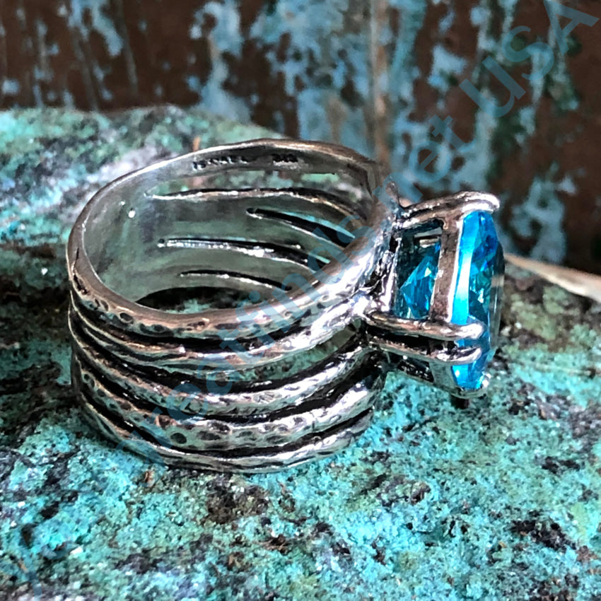 Sterling Silver Wide Band Ring Large Blue Stone Size 9