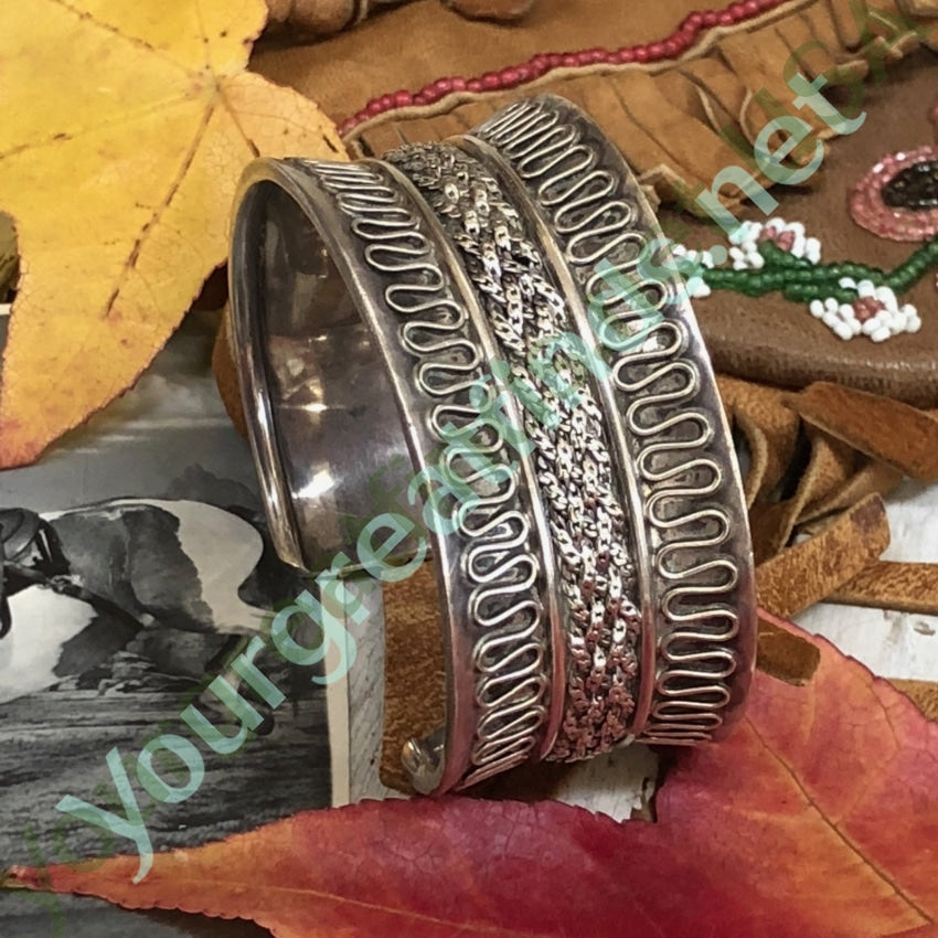 Sterling Silver Wide cuff Bracelet with Woven Appliqué Yourgreatfinds
