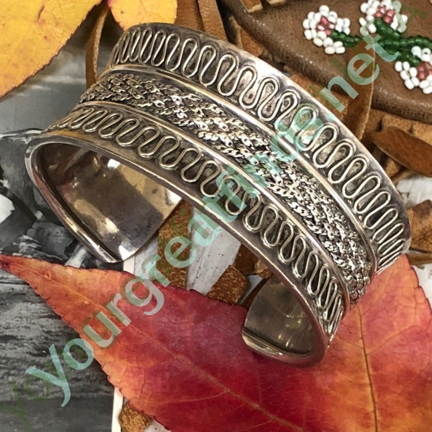 Sterling Silver Wide cuff Bracelet with Woven Appliqué Yourgreatfinds